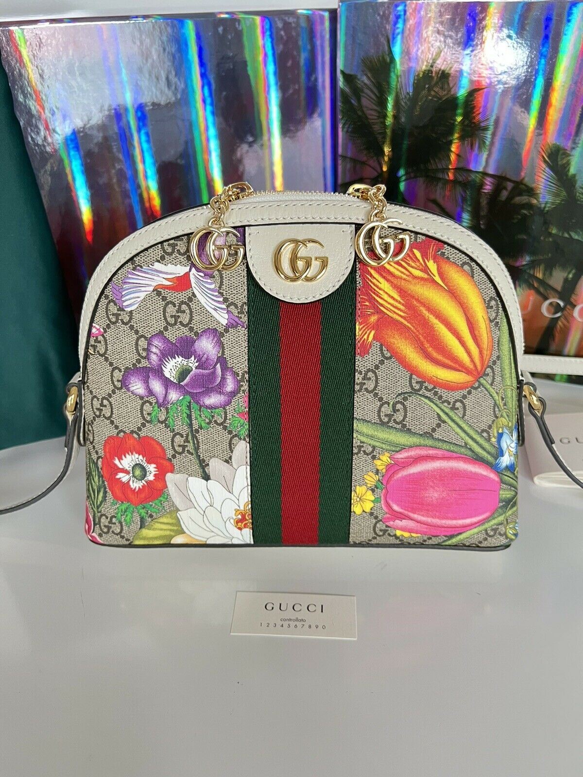 NWT GUCCI GG Ophidia Flora Web Small White Shoulder Bag Italy 499621