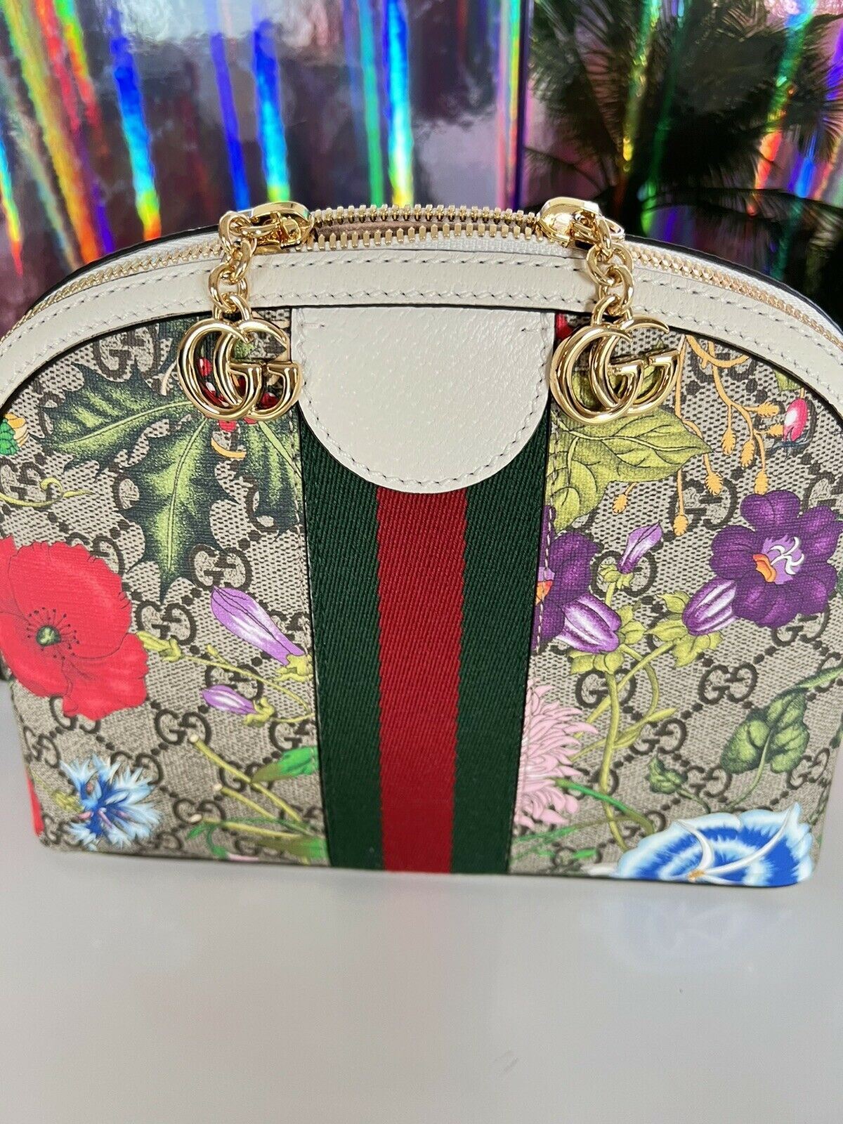 NWT GUCCI GG Ophidia Flora Web Small White Shoulder Bag Italy 499621
