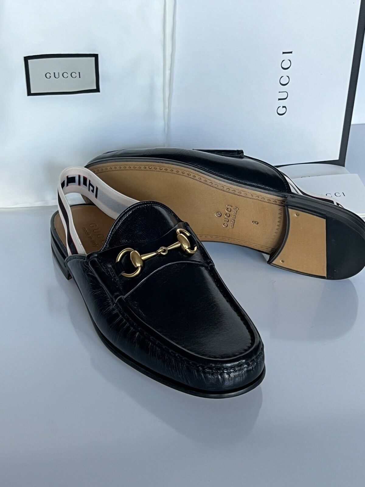 NIB Gucci Mens Horsebit Leather Slip On Black Sandals 8.5 US (Gucci 8) IT 523406