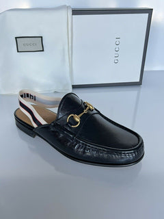 NIB Gucci Herren Horsebit Leder Slip On Schwarze Sandalen 8,5 US (Gucci 8) IT 523406 