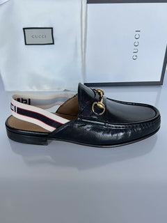 NIB Gucci Herren Horsebit Leder Slip On Schwarze Sandalen 8,5 US (Gucci 8) IT 523406 