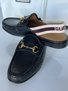 NIB Gucci Herren Horsebit Leder Slip On Schwarze Sandalen 8,5 US (Gucci 8) IT 523406 