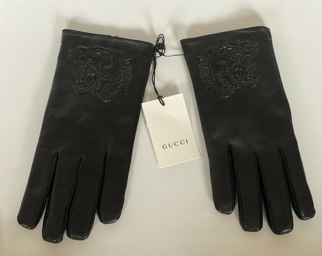 Neu mit Etikett: 565 $ Gucci Herren-Leder-Tiger-Handschuhe, Schwarz, Größe 9, hergestellt in Italien 