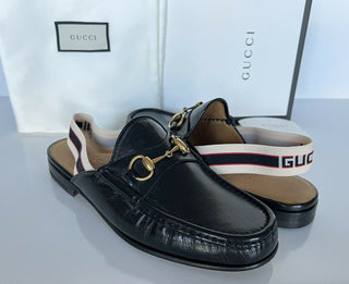 NIB Gucci Herren Horsebit Leder Slip On Schwarze Sandalen 7,5 US (Gucci 7) IT 523406 