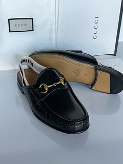 NIB Gucci Herren Horsebit Leder Slip On Schwarze Sandalen 7,5 US (Gucci 7) IT 523406 