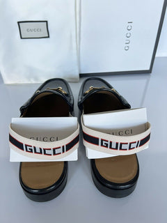NIB Gucci Herren Horsebit Leder Slip On Schwarze Sandalen 7,5 US (Gucci 7) IT 523406 