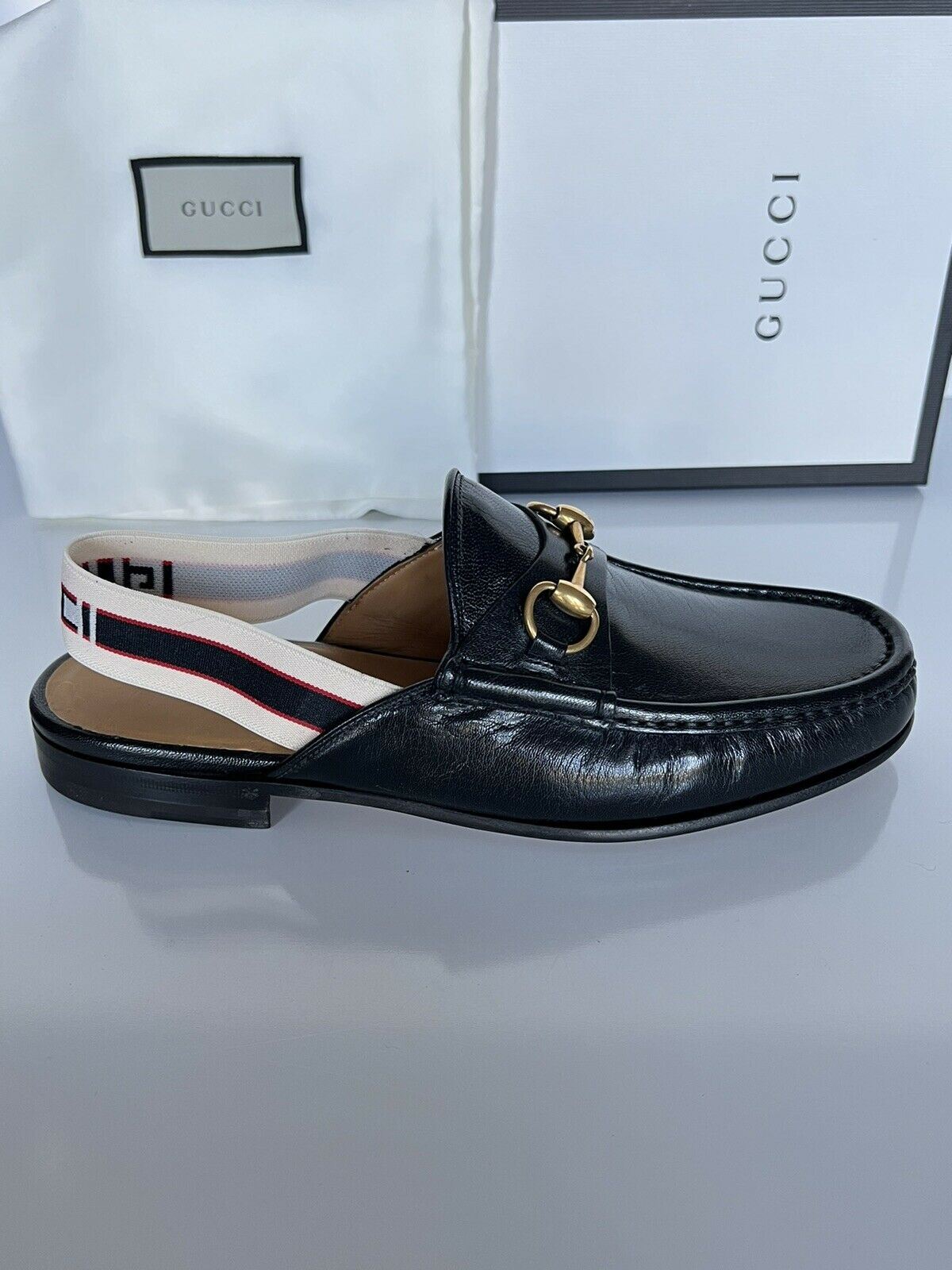 NIB Gucci Mens Horsebit Leather Slip On Black Sandals 7.5 US (Gucci 7) IT 523406