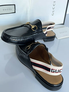 NIB Gucci Herren Horsebit Leder Slip On Schwarze Sandalen 7,5 US (Gucci 7) IT 523406 