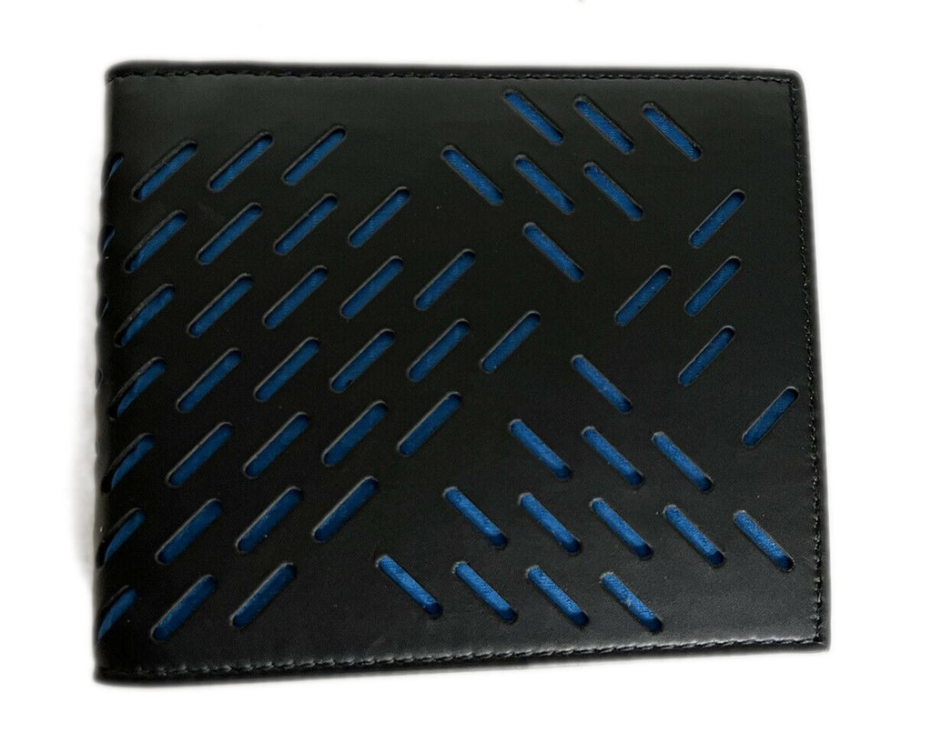 Neu mit Etikett: 460 $ Bottega Veneta BiFold-Geldbörse aus perforiertem Leder Schwarz/Blau 113993 Italien 