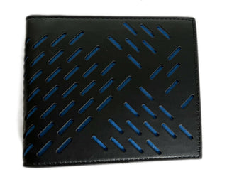 Neu mit Etikett: 460 $ Bottega Veneta BiFold-Geldbörse aus perforiertem Leder Schwarz/Blau 113993 Italien 