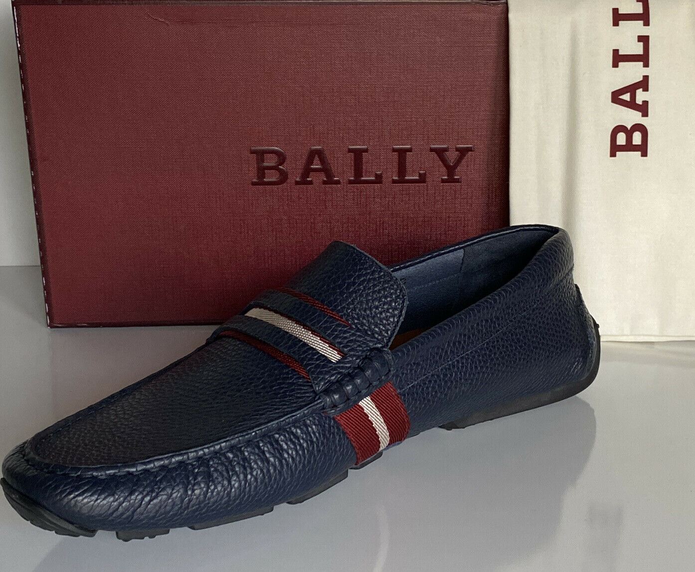 NIB Bally Mens Bovine Grained Leather Driver Shoes Blue 10.5 US 6228300 Italy