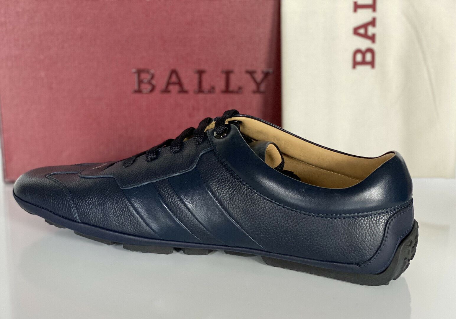 NIB Bally Primer Herren-Turnschuhe aus Rindsleder mit Prägung, Blau, 10 US 6234863, Italien 