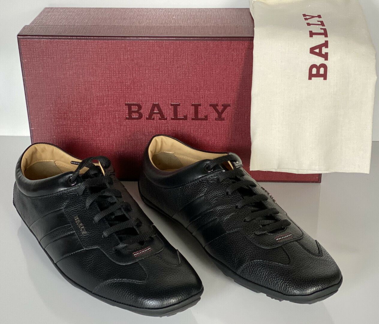 NIB Bally Primer Herren-Turnschuhe aus Rindsleder mit geprägtem Leder, Schwarz, 10 D, US 6234861, IT 