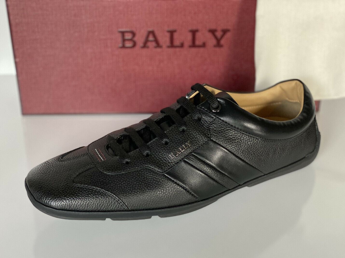 NIB Bally Primer Herren-Turnschuhe aus Rindsleder mit geprägtem Leder, Schwarz, 10 D, US 6234861, IT 