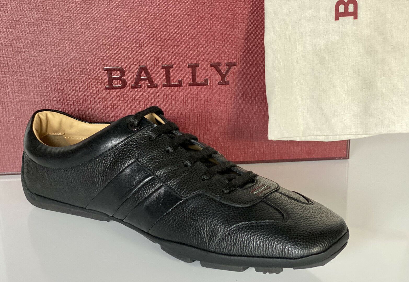 NIB Bally Primer Herren-Turnschuhe aus Rindsleder mit geprägtem Leder, Schwarz, 10 D, US 6234861, IT 