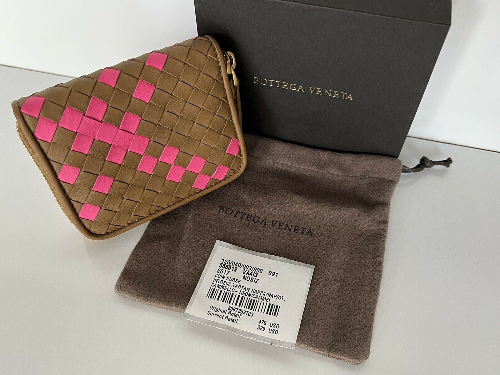 NWT $470 Bottega Veneta Zipper Leather Wallet Coin Purse Neon Camel 566512 Italy