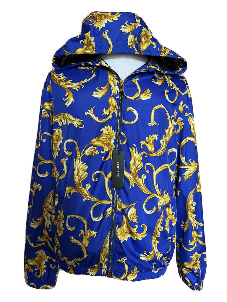 NWT $1100 Versace Men's Barocco Intante Hooded Jacket Windbreaker Blue 54 US