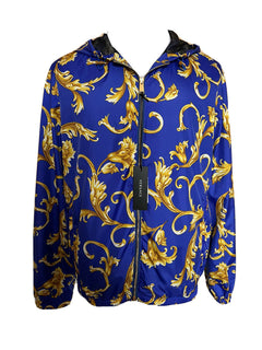 NWT $1100 Versace Men's Barocco Intante Hooded Jacket Windbreaker Blue 54 US