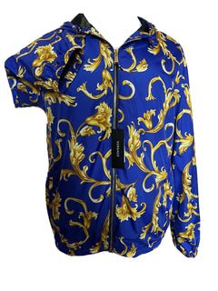 NWT $1100 Versace Men's Barocco Intante Hooded Jacket Windbreaker Blue 54 US