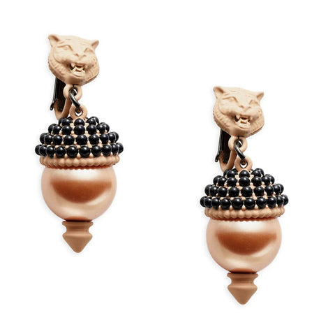 Neu mit Etikett: 550 $ Gucci Clip-On-Ohrringe aus bronzefarbenem Metall mit künstlichen Perlen und Löwen, hergestellt in Italien 