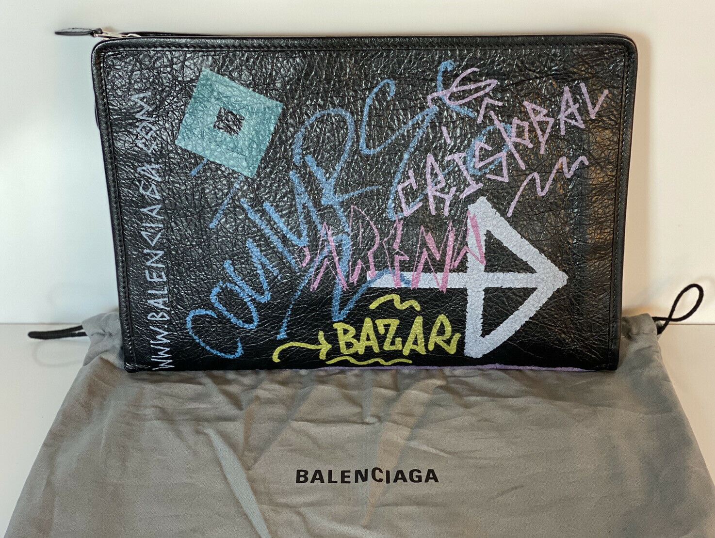 NWT $950 Balenciaga Graffiti All Over Black Soft Leather Pouch 443658