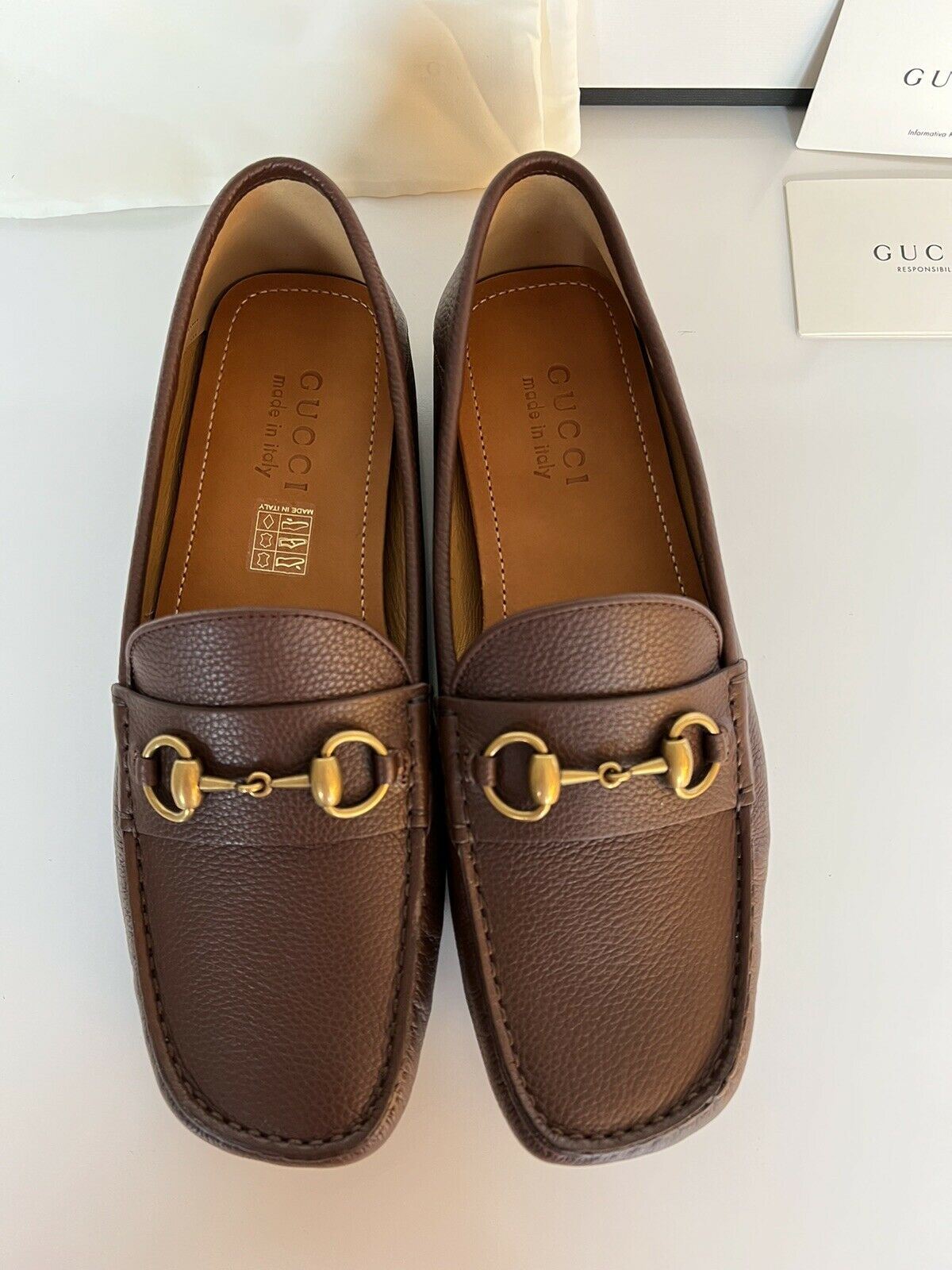 NIB Gucci Men's Hebron Horsebit Leather Driver Shoes Brown 8 US/ 7 UK 548604 IT