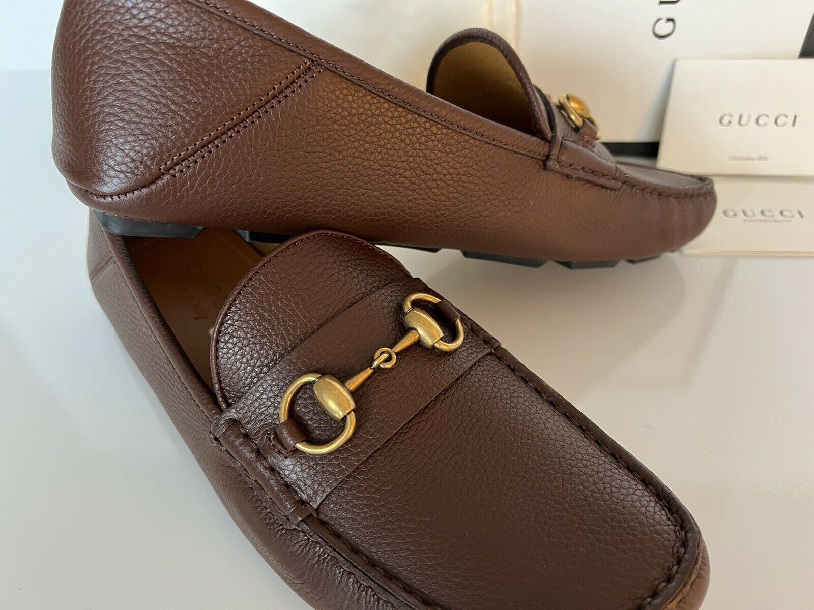 NIB Gucci Men's Hebron Horsebit Leather Driver Shoes Brown 8.5 US/7.5 UK 548604