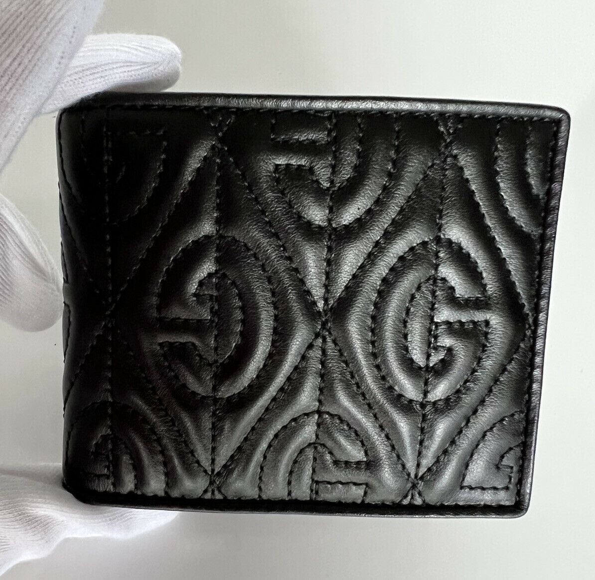 NWT Gucci Monogram Pattern Bifold Leather Padded Wallet Black Italy 601095