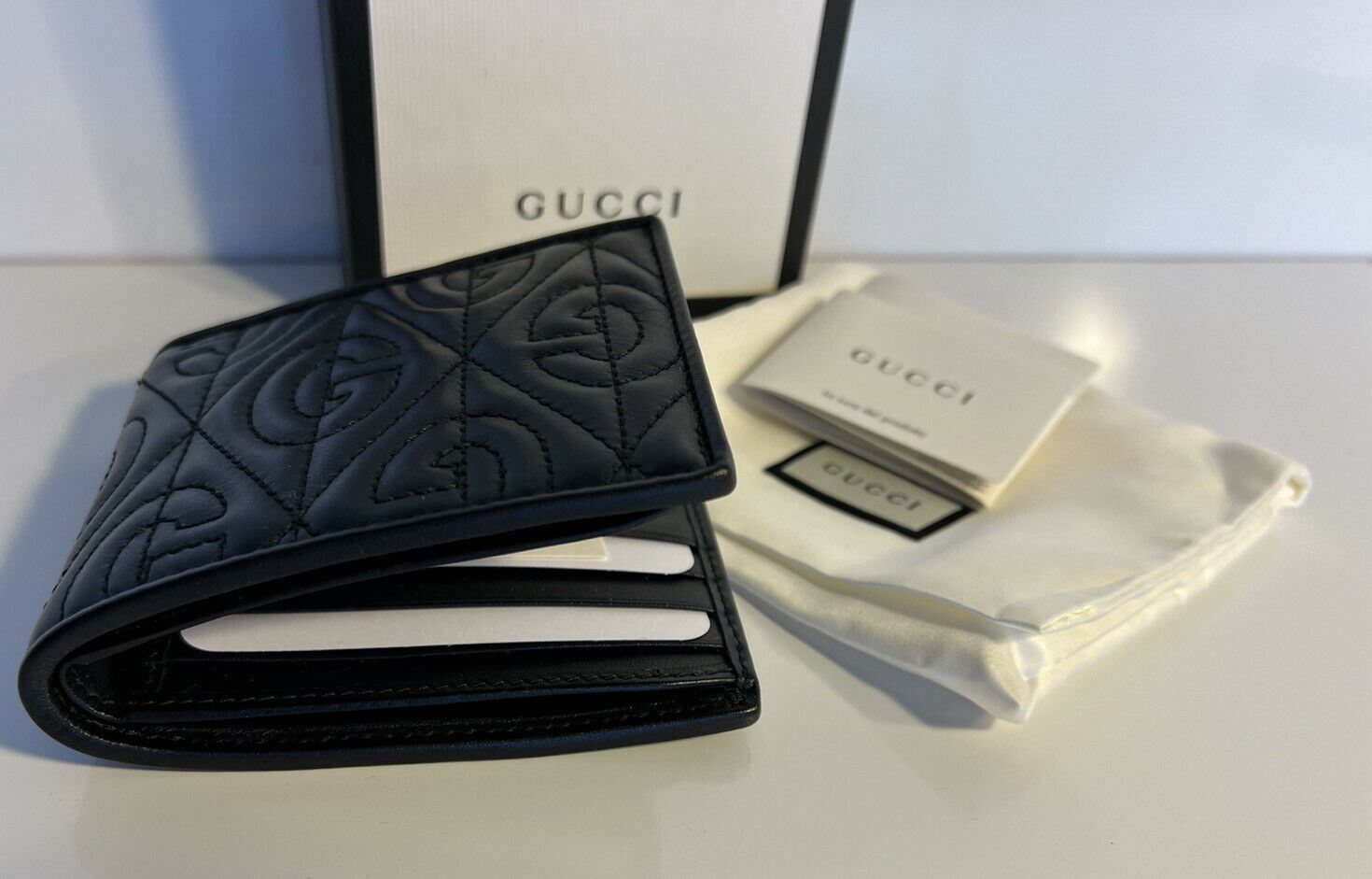 NWT Gucci Monogram Pattern Bifold Leather Padded Wallet Black Italy 601095