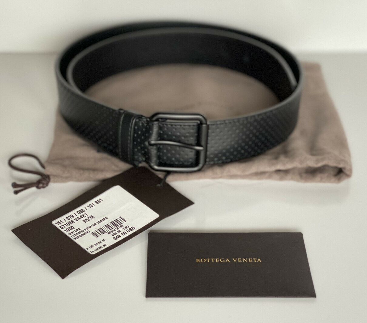 NWT $490 Bottega Veneta Perforated Leggero Calf Leather Black Belt 100/40 571068