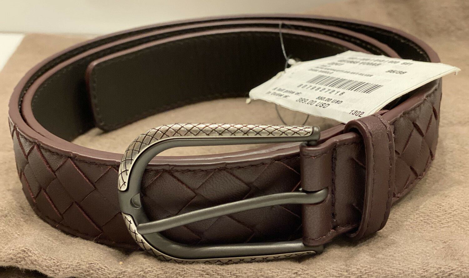 NWT $550 Bottega Veneta Intrecciato Nappa Leather Dark Barolo Belt 95/38 451863