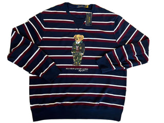 Neu mit Etikett: 125 $ Polo Ralph Lauren Bär gestreiftes Fleece-Sweatshirt Blau XL 