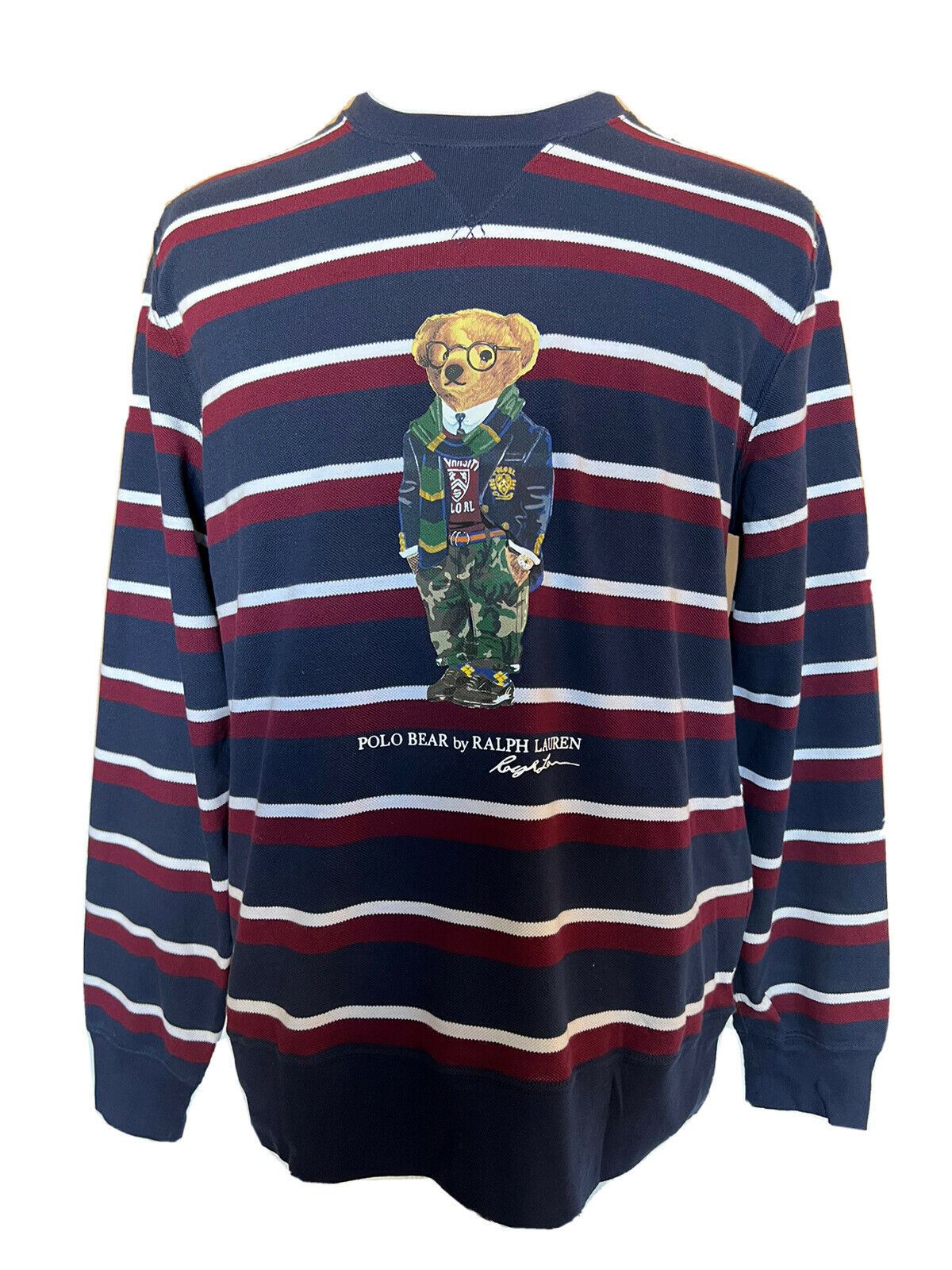 Neu mit Etikett: 125 $ Polo Ralph Lauren Bär gestreiftes Fleece-Sweatshirt Blau XL 