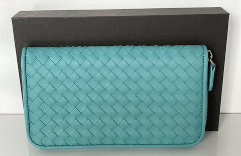 NWT Bottega Veneta Intrecciato Reißverschluss-Geldbörse aus Nappaleder Aqua 518389 Italien 
