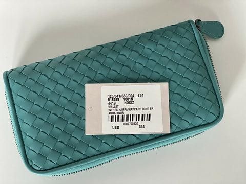 NWT Bottega Veneta Intrecciato Reißverschluss-Geldbörse aus Nappaleder Aqua 518389 Italien 
