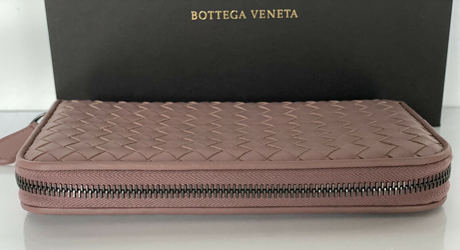 NWT Bottega Veneta Intrecciato Zipper Nappa Leather Wallet Deco Rose 518389 IT