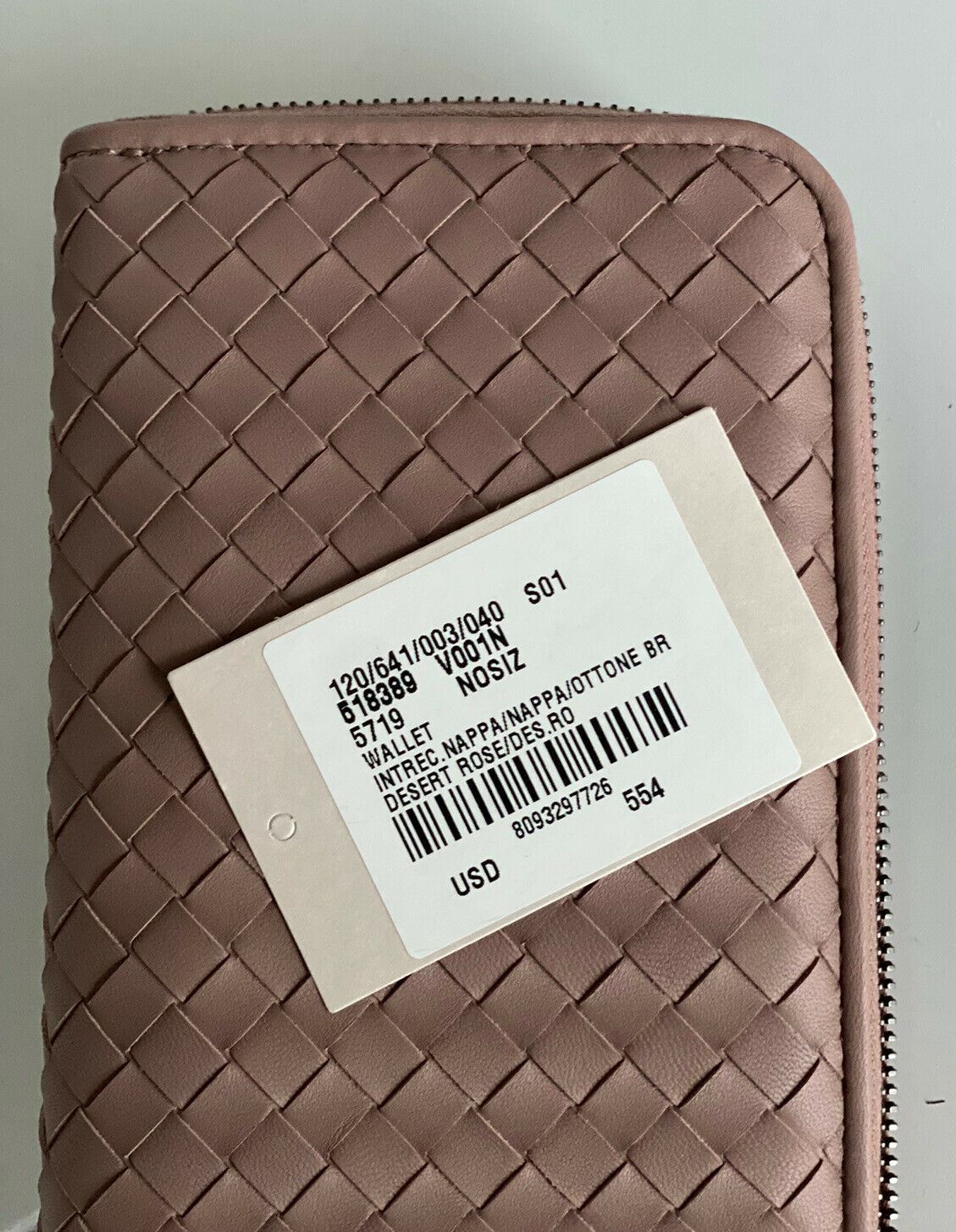 NWT Bottega Veneta Intrecciato Zipper Nappa Leather Wallet Desert Rose 518389 IT