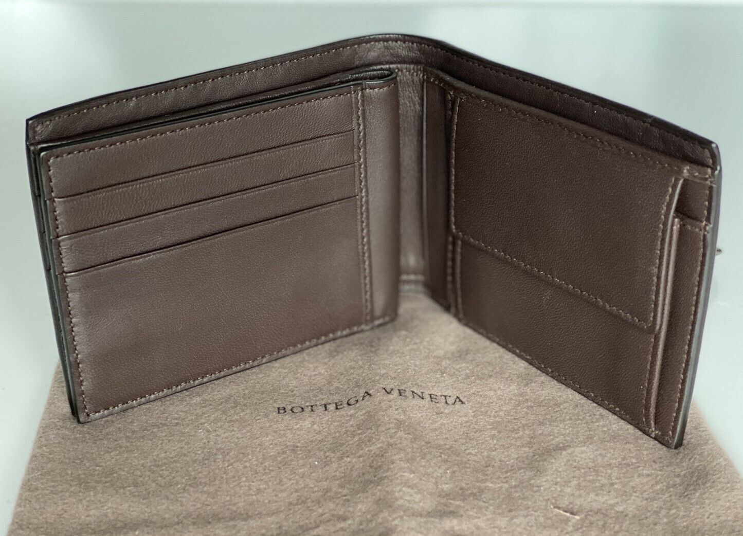 NWT Bottega Veneta Men's Intrecciato Nappa Leather Bi-fold Wallet Brown 522272