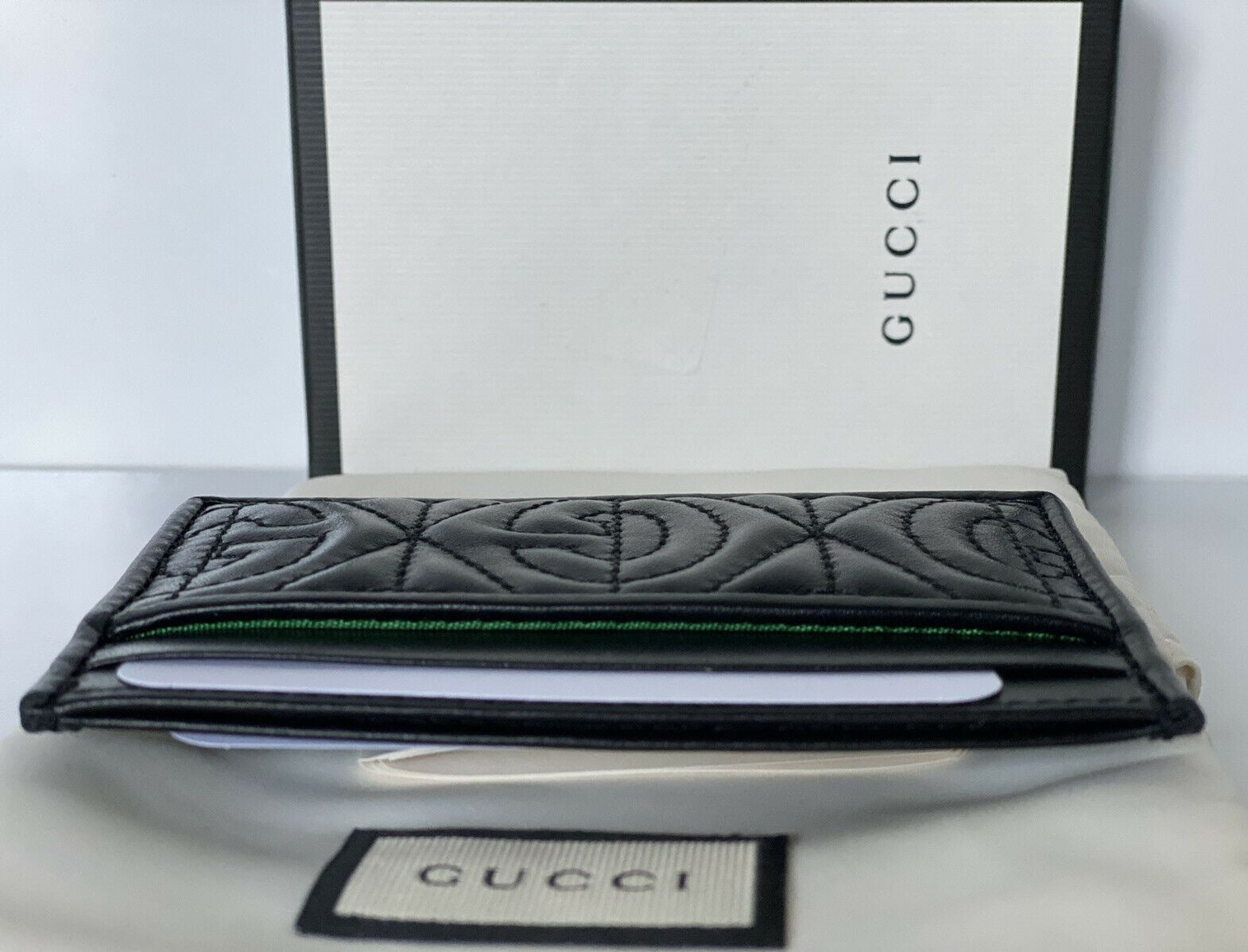 NWT Gucci GG Leather Padded Card Case Black Made in Italy