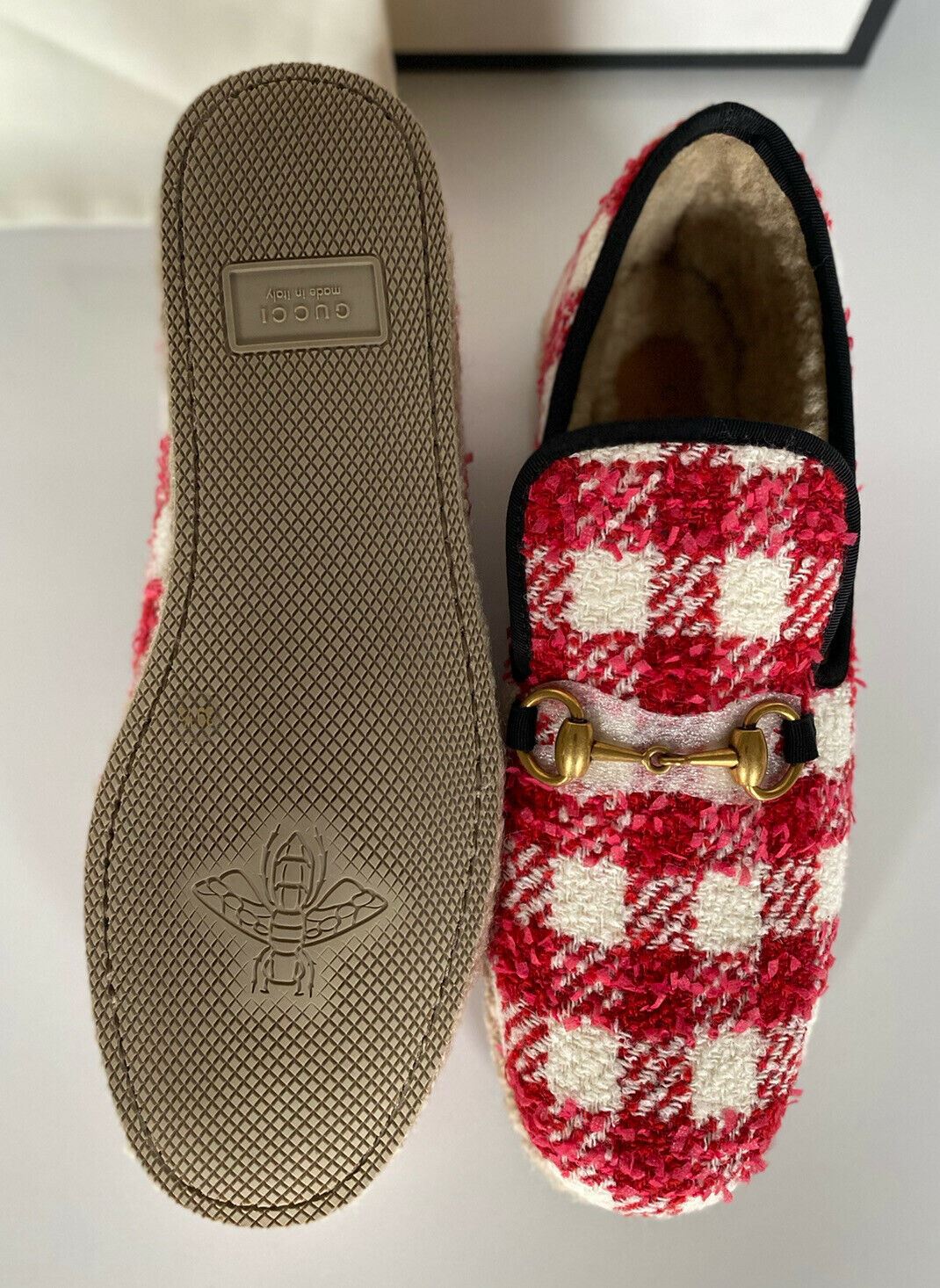 NIB $750 Gucci Tweed Horsebit Marino Loafers Red & White 9.5 US (39.5 Eu) 575850