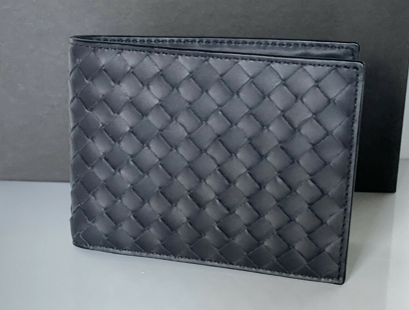 Складной кошелек для монет NWT Bottega Veneta Intrecciato из телячьей кожи темно-синего цвета Dk 148324 