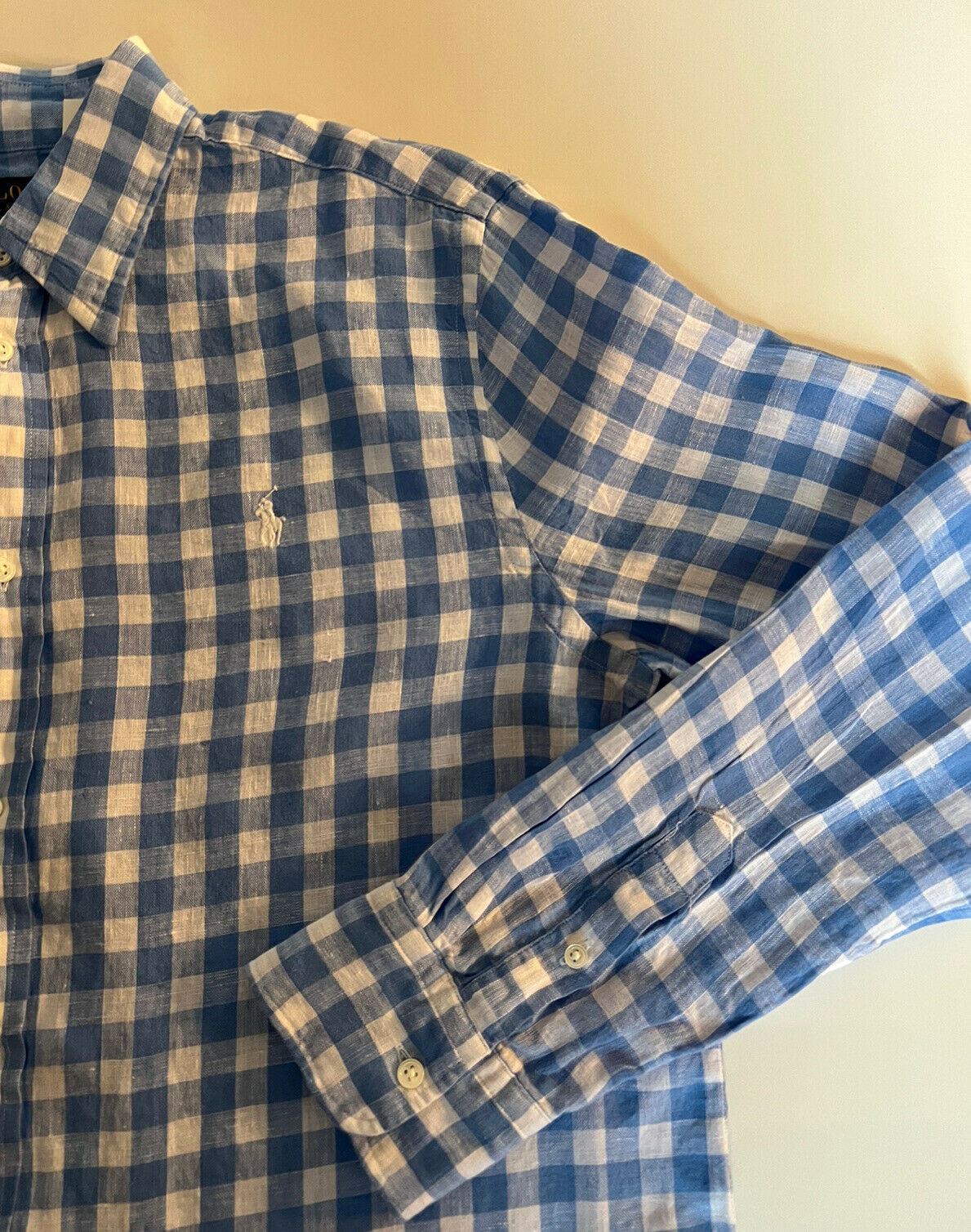 Neu mit Etikett: 128 $ Polo Ralph Lauren Herren-Hemd aus Leinen mit entspannter Passform, Größe S, Weiß/Blau