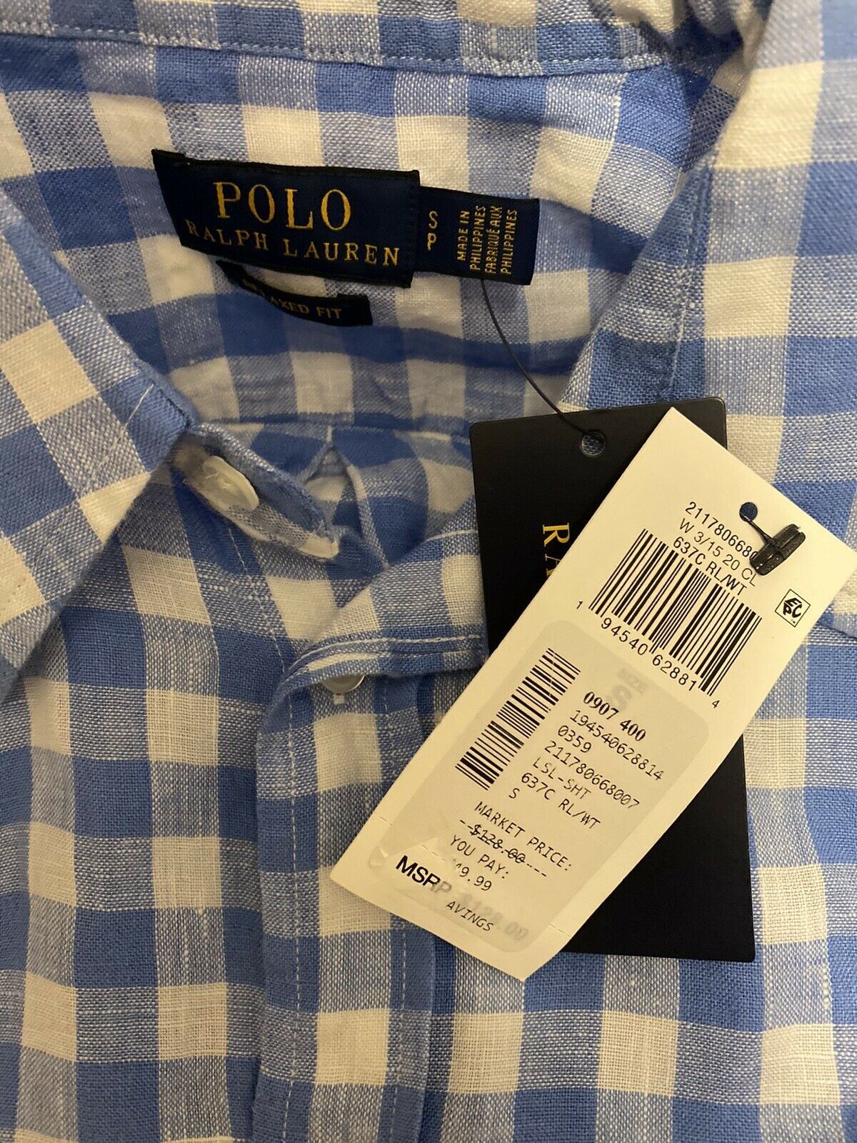 NWT $128 Polo Ralph Lauren Men's Relaxed Fit White/Blue Linen Dress Shirt Small