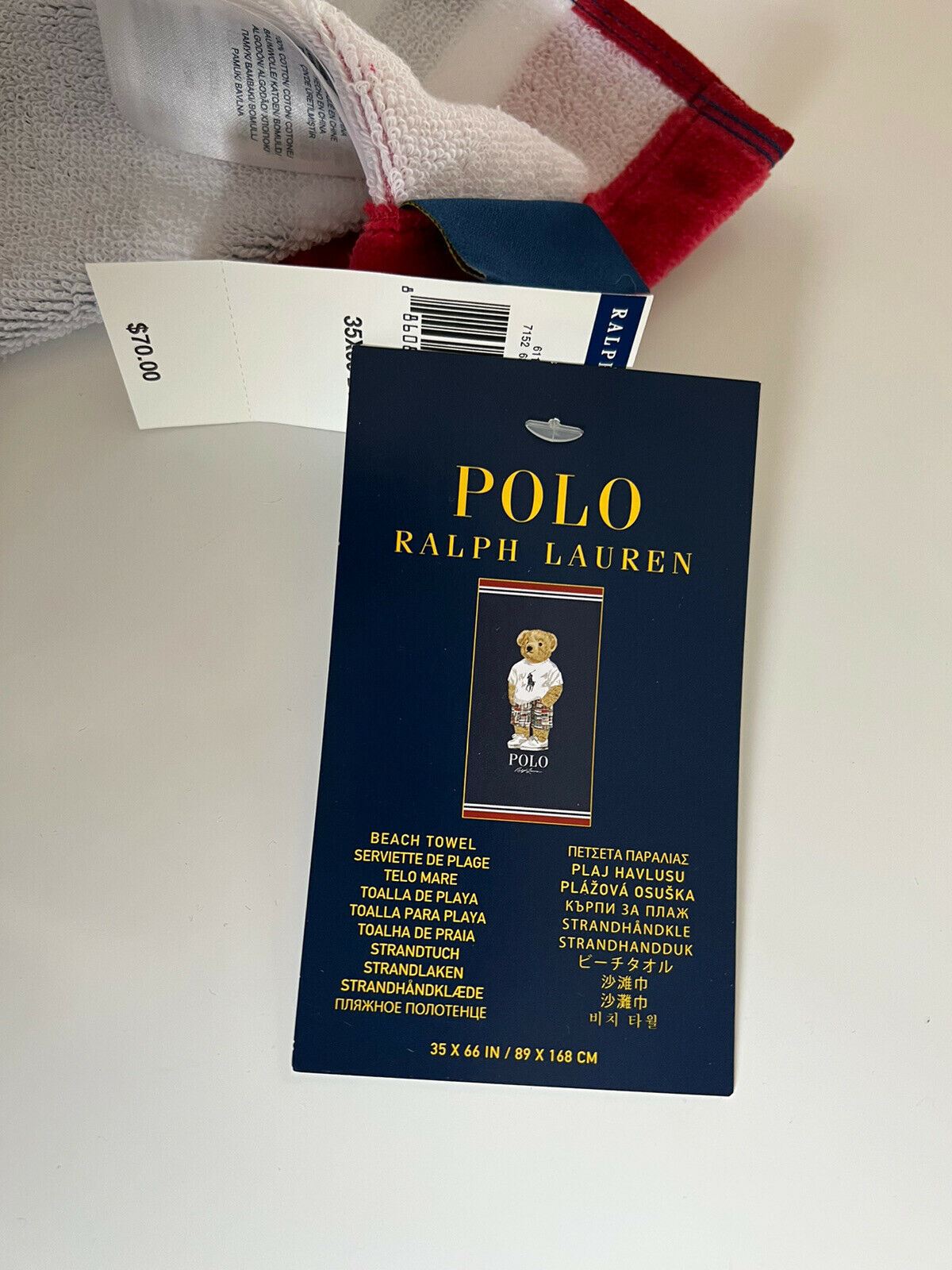 Neu mit Etikett: 70 $ Polo Bear by Ralph Lauren Bären-Strandtuch aus Baumwolle, 35 x 66 cm 