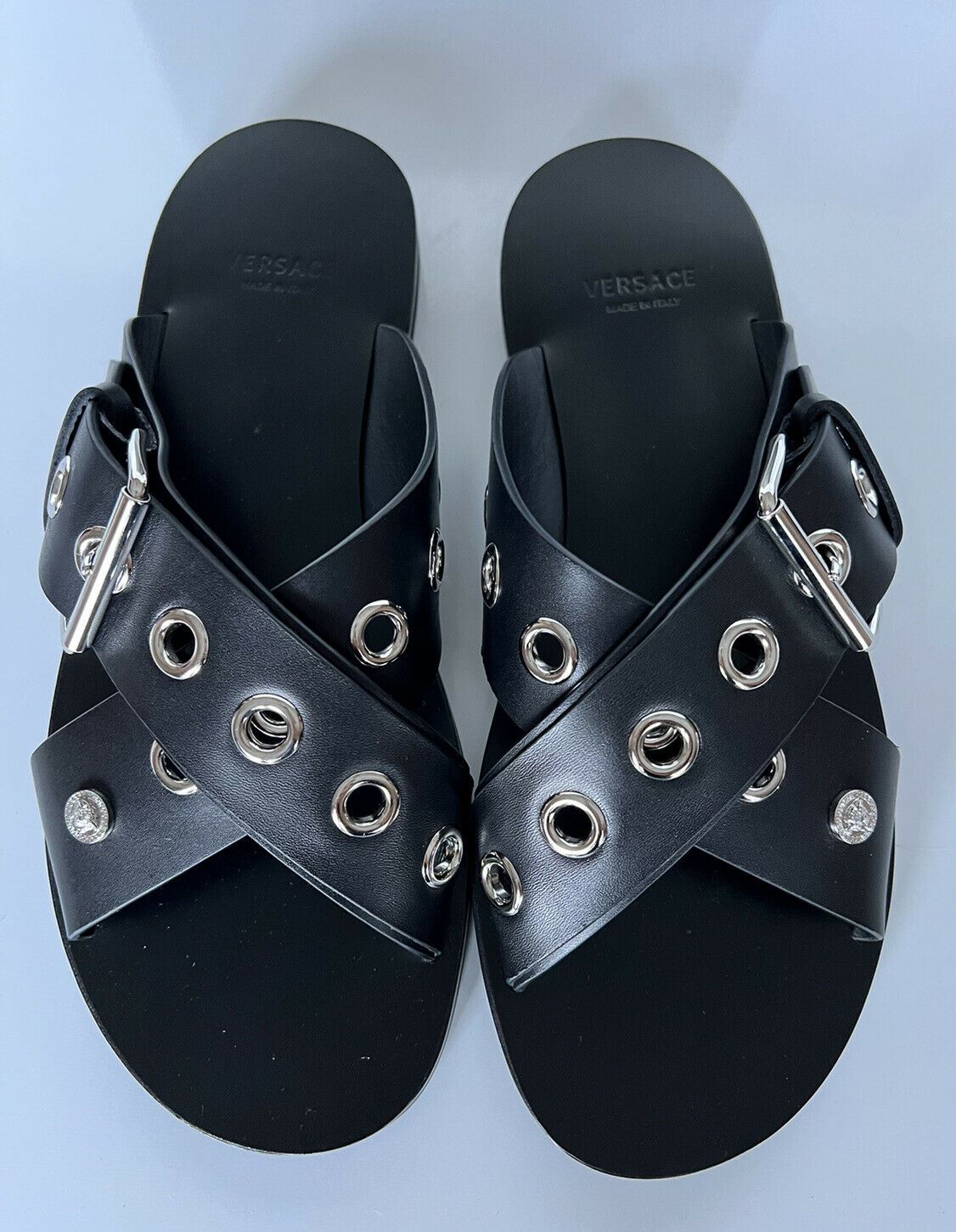 NIB 825 $ Versace Kalbsledersandalen Schwarz 7 US (40 Euro) Italien DSU7977 