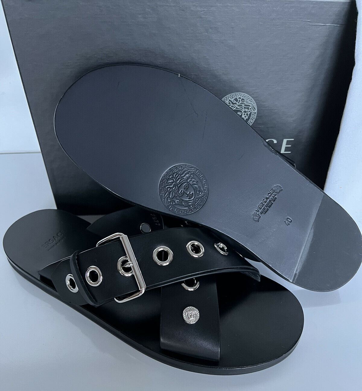 NIB $825 Versace Calf Leather Sandals Black 7 US (40 Euro) Italy DSU7977