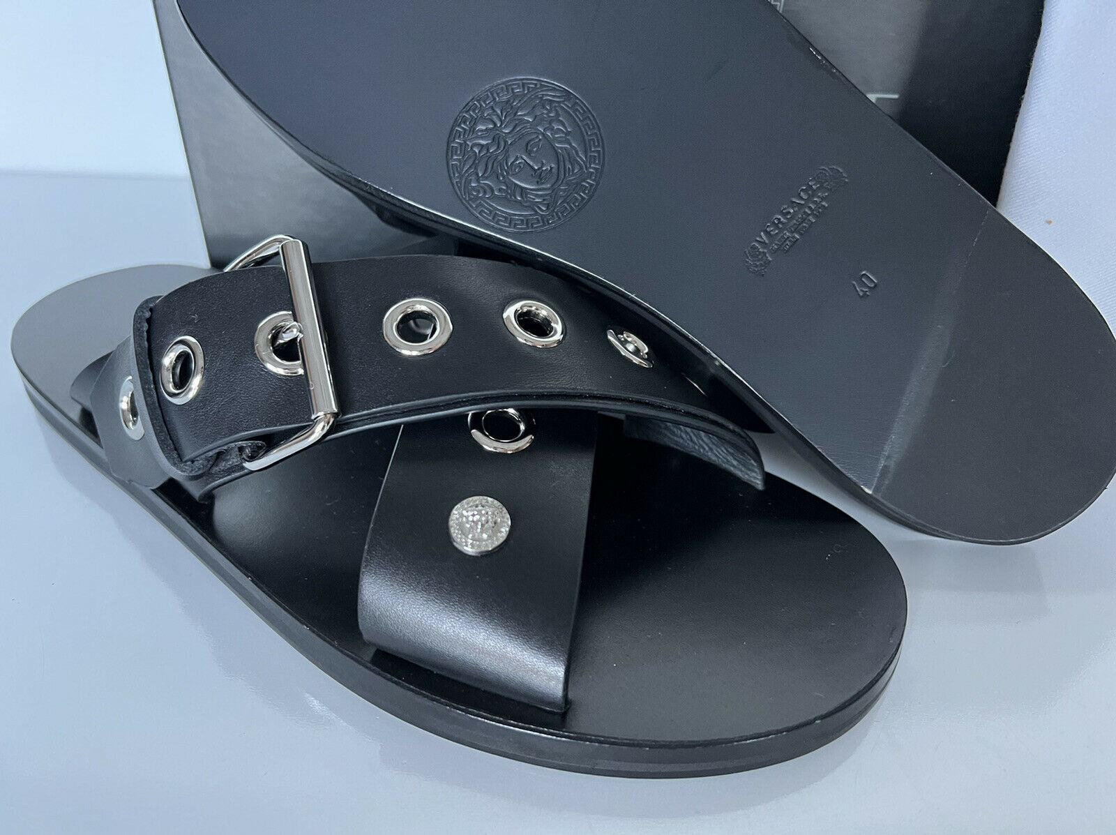 NIB $825 Versace Calf Leather Sandals Black 7 US (40 Euro) Italy DSU7977