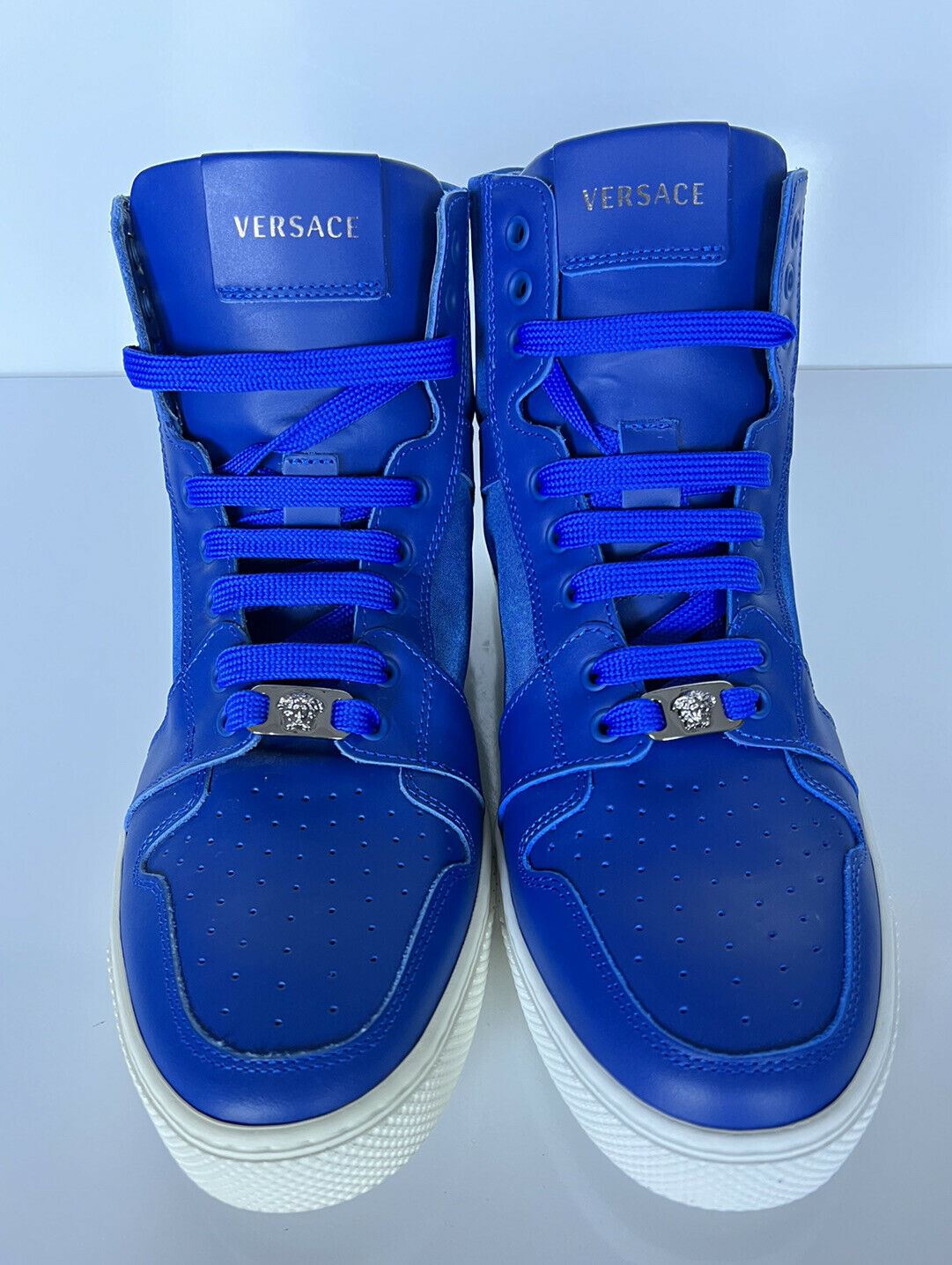 NIB $ 800 Versace High-Top-Sneaker aus Leder/Nylon in Blau 8 US (41 Euro) DSU7828S 