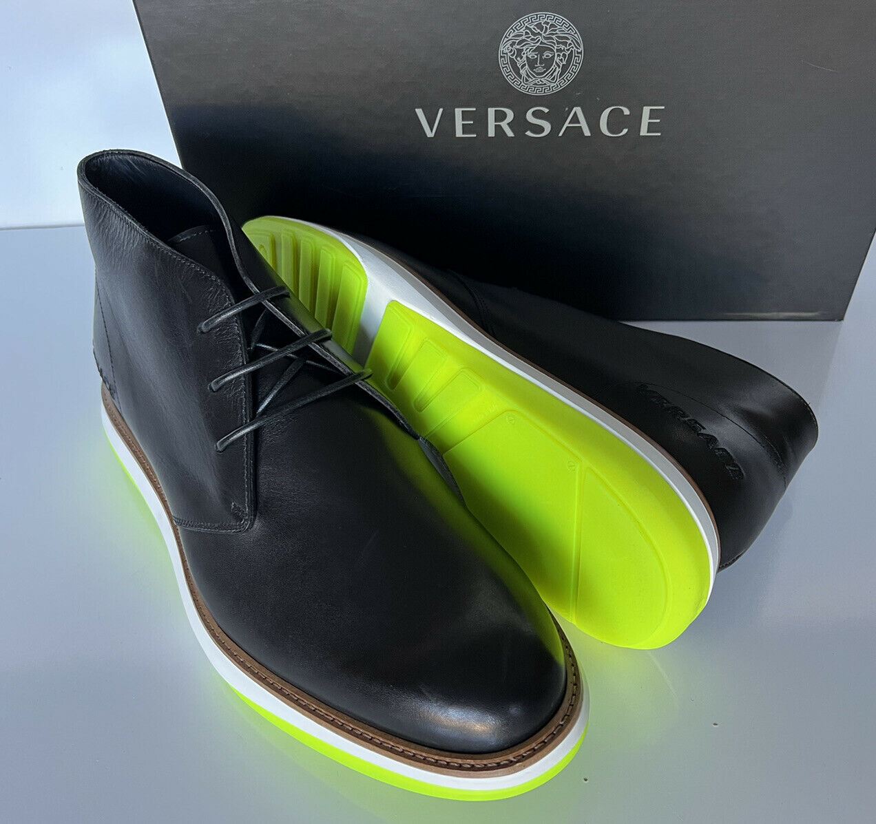 NIB $750 Versace Leather Black Ankle Boots 8 US (41 Euro) DSU7770 Made in Italy
