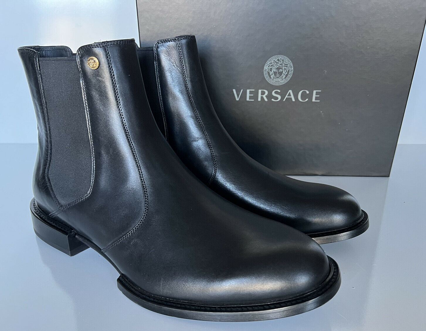 NIB $1125 Versace Leather Black Leather Ankle Boots 13 US (46 Euro) DSU7868 IT